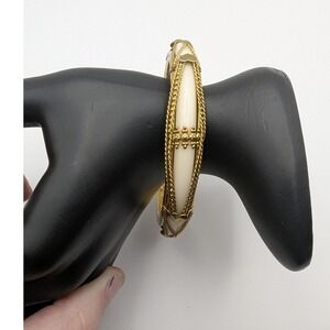 Vintage Gold Tone Cream Enamel Bangle Bracelet Ornate Detail Boho READ